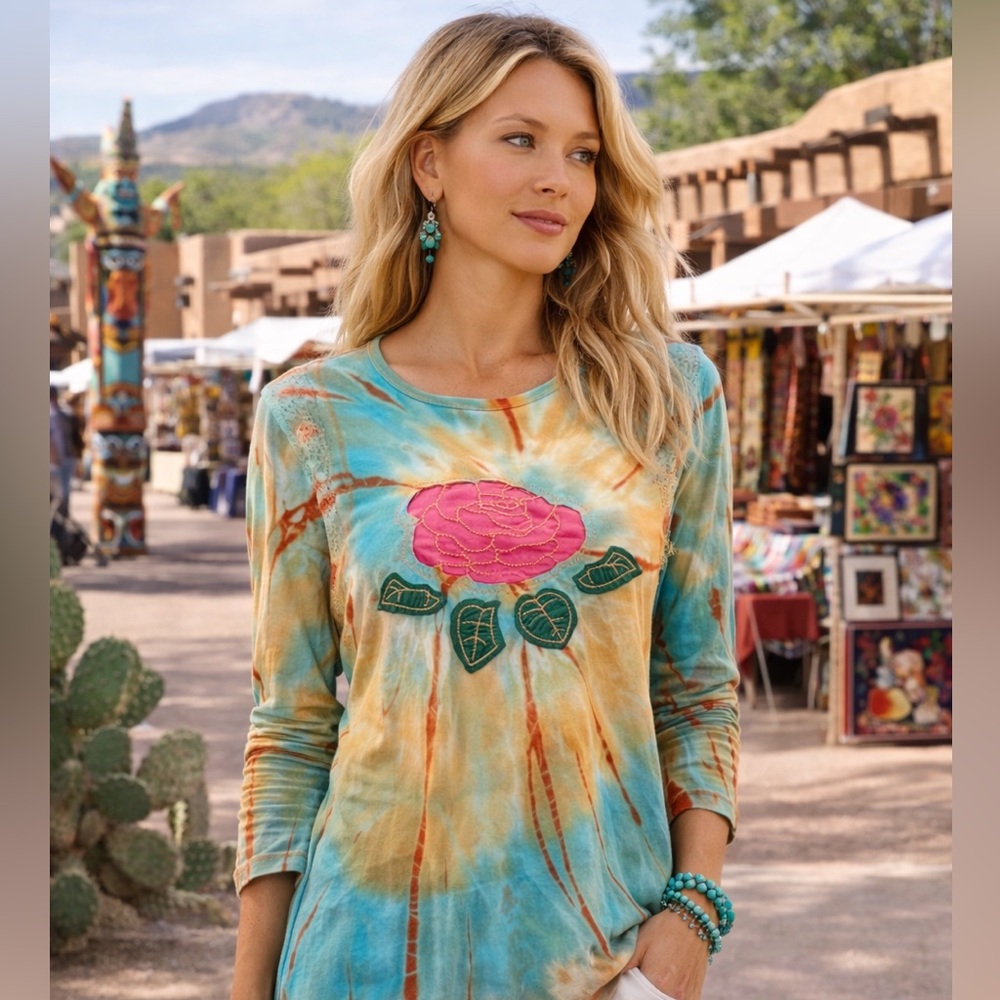 Women's Tie-Dye Long Sleeve Top with Pink Floral Applique